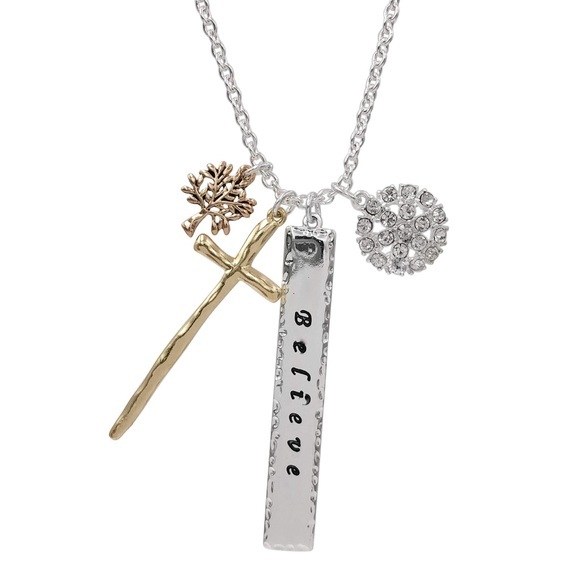 BELIEVE Cross Tree Charm Silver Long Necklace - Picture 1 of 3